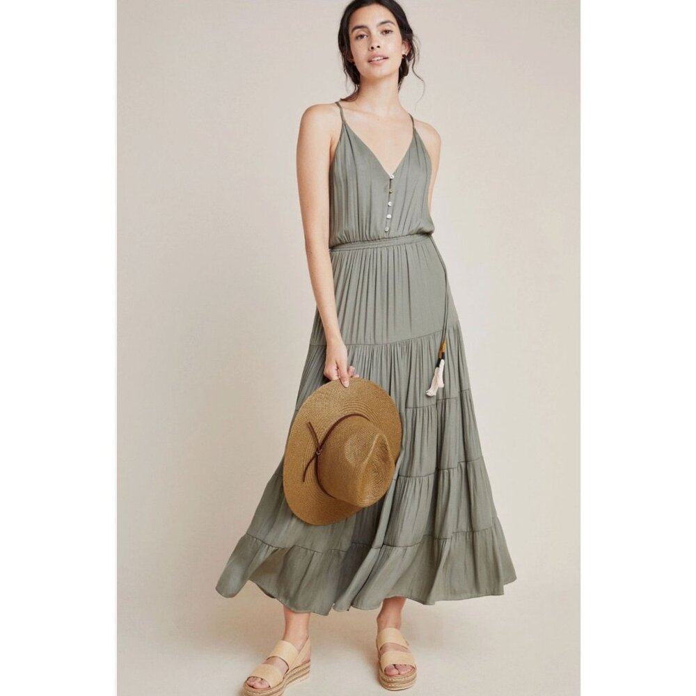 Dolan Anthropologie Emmaline Matte Satin Tiered Maxi Dress Sage Green XL